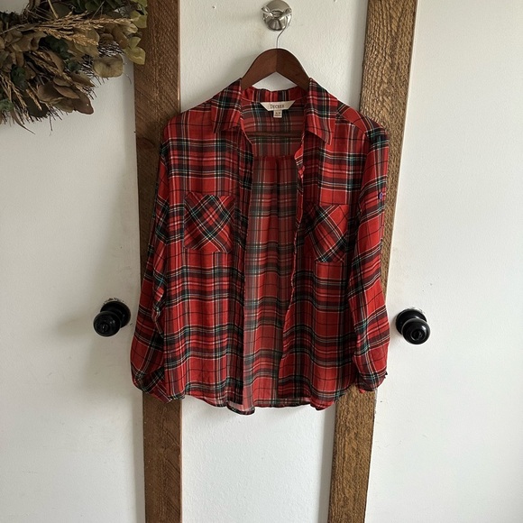 Y2K Decree Plaid Blouse Semi-Sheer Red Teal Yellow Button Front Women’s Medium - Picture 11 of 16